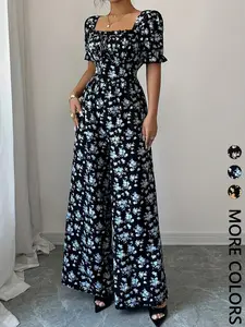 1 Piece Square Neck Puff Sleeve Floral Smocked Waist Wide Leg Jumpsuit, French Chic Retro Vacation Romper