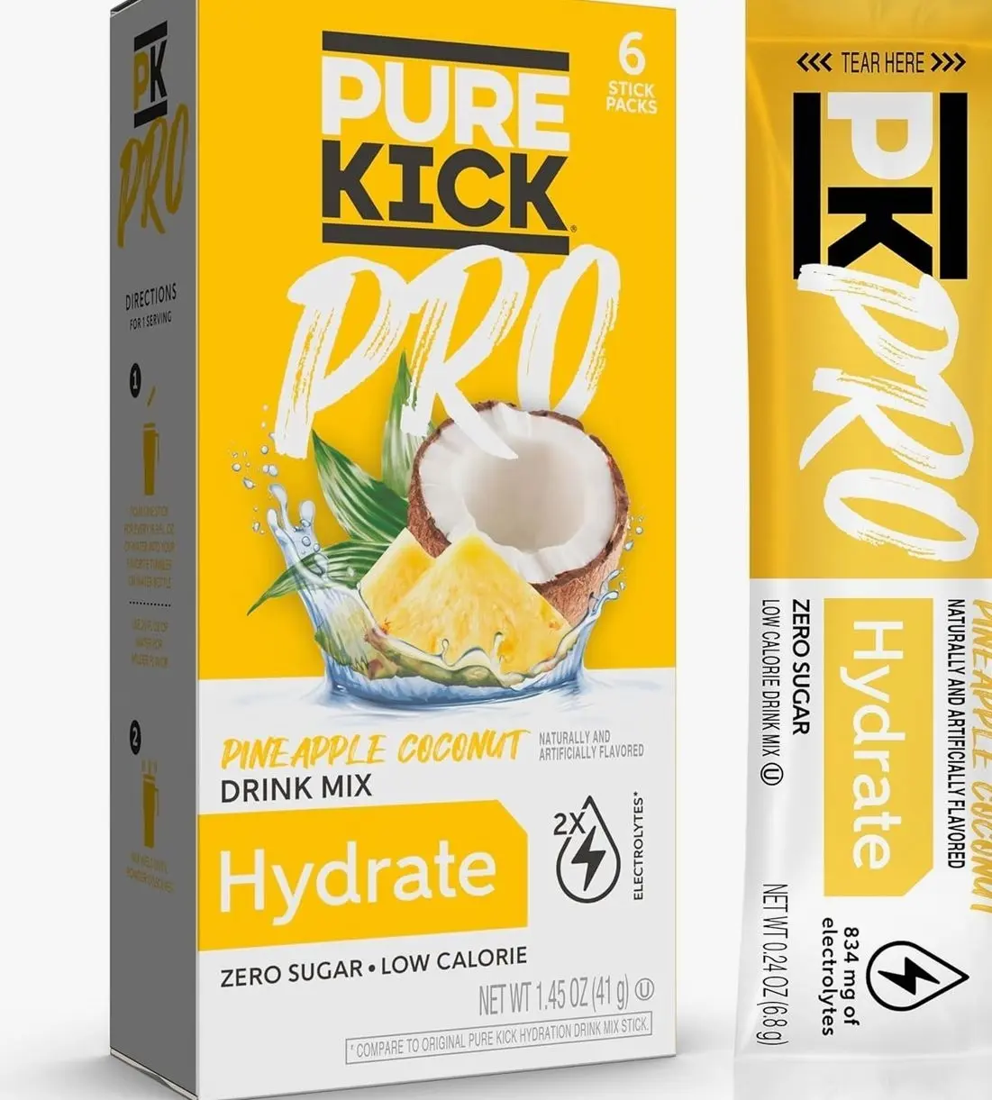 PURE KICK PRO Hydration Electrolyte Drink Mix, Pineapple Coconut, Includes 1 Box with 6 Packets in Each Box
