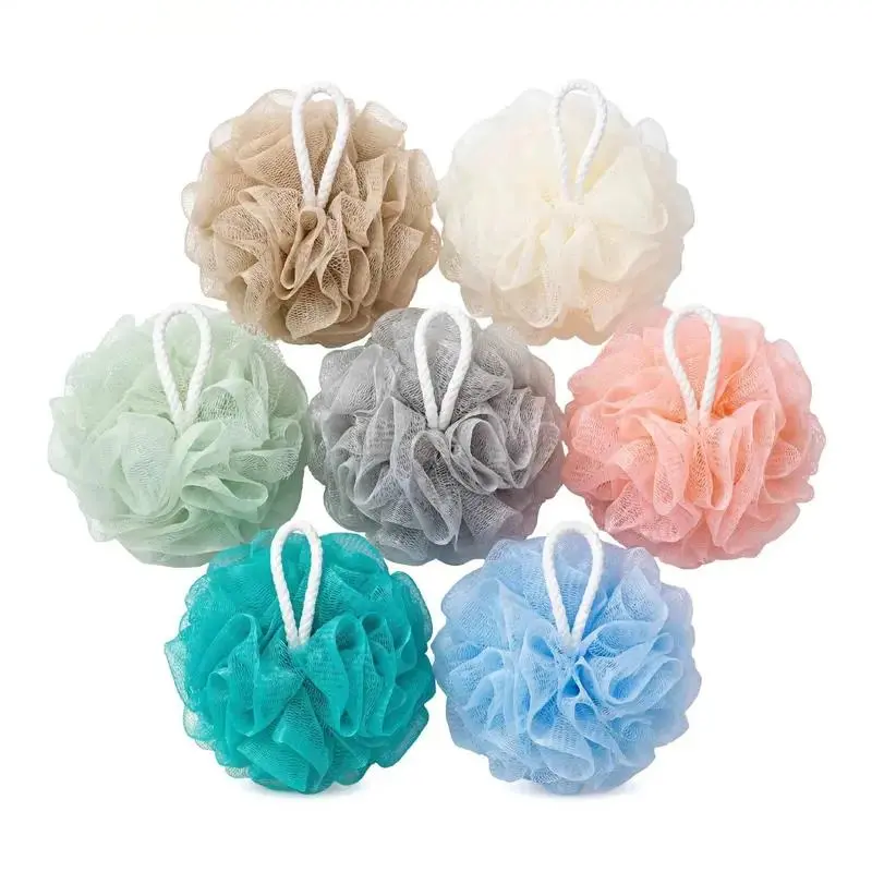 7Pcs Large Unisex Exfoliating Bath Loofah Sponges, Soft Mesh Shower Balls with Hanging Cotton Ropes, Family Size Bathroom Spa Accessory