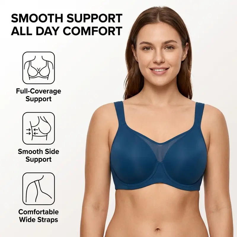 HSIA Women's Underwire Minimizer Bra - Ice Silk, Cool Cardi, Soft Nylon, Adjustable Straps Underwire, Full Coverage, Unlined, Seamless Breathable, T-Shirt Style, Plus Size, Mesh Detail, Hand Wash Only