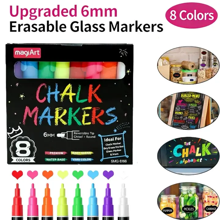Upgraded 6mm 8-color Liquid Chalk Markers Pens, Reversible Bullet & Chisel Dual Tips, Wet & Dry Erase Chalk Pens for Blackboard, Chalkboard Signs, Whiteboard, Glass, Window, Car Windows & Calendar