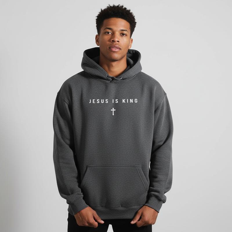 Men's Jesus Is King Cross Graphic Hoodie - Cotton Blend Black Long Sleeve Pullover Regular Fit | Soft & Breathable Fabric, Durable Print, Everyday Comfort, Machine Washable, minimalist religious daily wear