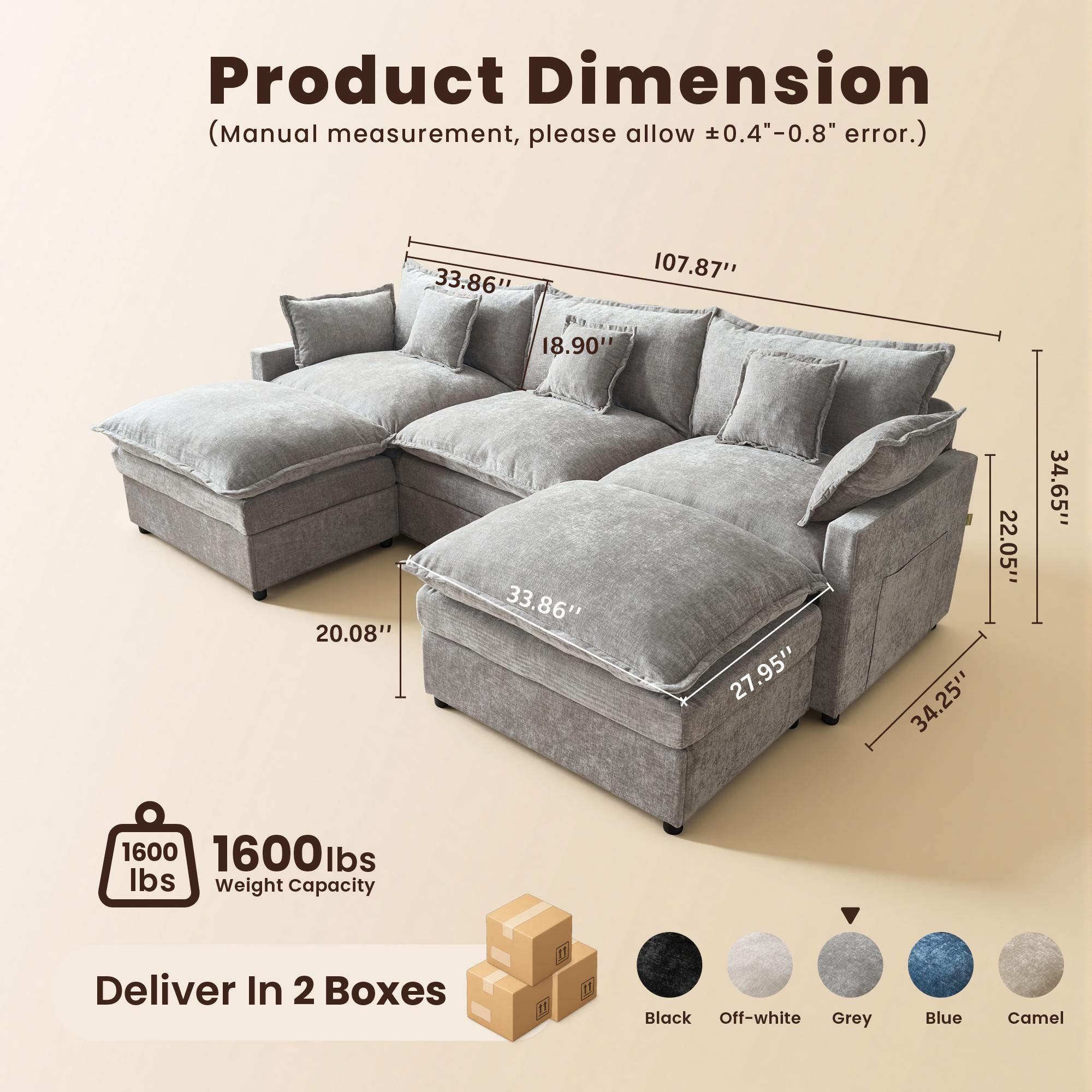 【2 Packages Shipping】OVIOS 108" U-Shaped Modern Sofa Modular Sectional Cloud Couch with 2 Ottoman, Comfy Chenille Deep Seat Sofa Bed for Living Room, Bedroom and Apartment, 5 Pillows Included