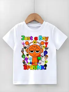 New Summer Short-Sleeved Round-Neck T-Shirts For Boys And Girls, Cartoon Print Tee, Funny Graphic Tee, Just A Boy Who Loves Sprunki Incredibox Game Accessories Printed Shirt, Casual Children's Clothing, Suitable Daily Use Outdoor Activities