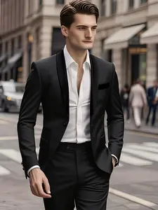 2pcs Men's Solid Color Navy Blue/Black/Gray/Beige/White/Charcoal Suit Set - Tailored Jacket & Trousers with Peak Lapels, Long Sleeve, Non-Stretch All-Season Formal & Business Casual Attire, Regular Fit Matching Outfits, Hand Wash or Dry Clean