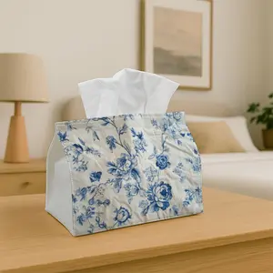 1PC  Tissue Box with Checkered Lid - Blue and White Floral Fabric Design, Durable Fabric Multi-Functional Decorative Storage for Kitchen, Living Room, Tissue Dispenser for Home & Car Decor, Bathroom Decor Supplies, Compact & Stylish for Everyday Use