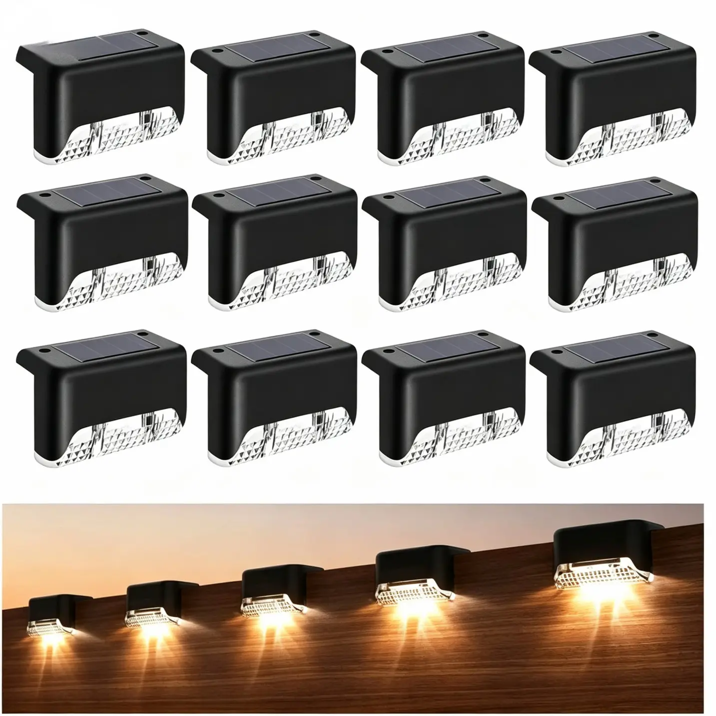 12-Pack LED Solar Deck Lights, Waterproof Outdoor Solar Step Lights for Deck, Patio, Yard Railing