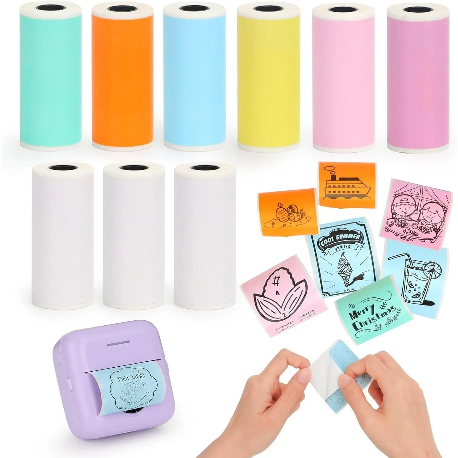 9 Rolls Mini Printer Sticker,57X25mm,Thermal Inkless Printing Paper for Mini Receipt  Printer, Smooth Self-Adhesive Paper for Photo,DIY,Note,Label,Memo(3 White + 6 Colorful)