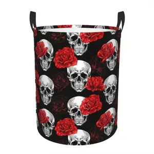 Gothic-style Skull and Red Rose Laundry Basket - Large Round Foldable Storage Basket, with Sturdy Handle, Durable Polyester Fiber Clothing and Toys Organizing Basket, Bedroom and Bathroom Decoration, Multi-functional Laundry Basket