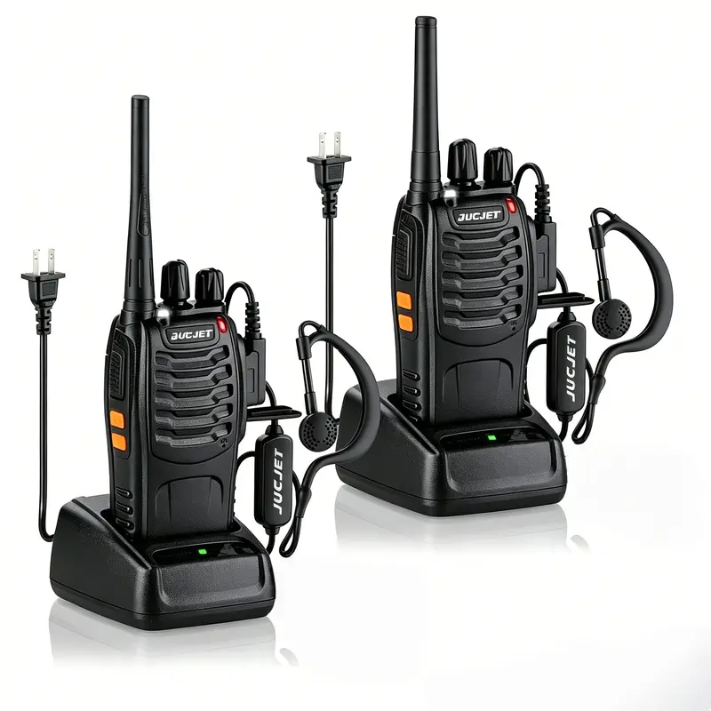 JUCJET 888S 2-Pack UHF Handheld Walkie Talkie Wireless Radio Kit - USB Rechargeable, Lithium Battery, Charger, Headset, Flashlight, Hand Strap, Emergency Call Function - for Adults, Children, Construction Team