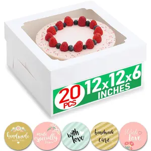 12x12x6 inch Cake Boxes 20 count, Large 12 inch Cake Box with Window for 6 Inch Tall Large Bakery Cakes, Pies, Sturdy Square White Cardboard, Cake Decorating Supplies (80 Pcs Stickers)