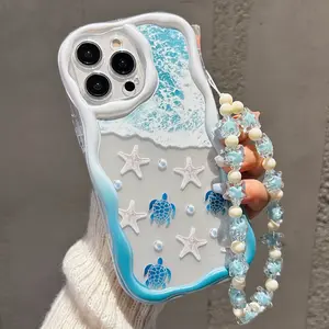 Summer Ocean Theme Beach Starfish Turtle Tpu Wave Edge Shockproof Protective Phone Case Cover for Apple iPhone 16/16 Pro Max/11/13/14/15, Gift for Men Women