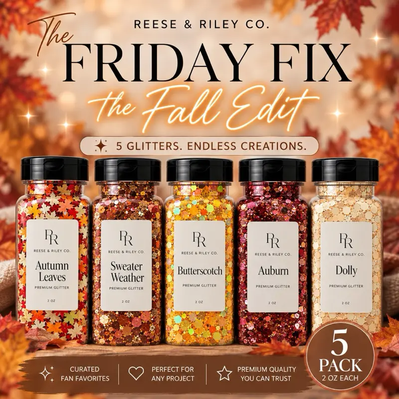 Reese & Riley Co. Friday Fix-Fall Edit Premium Chunky Glitter Mix - 5 Shakers, Decorative Glitter Powder, Easy to Use, Stylish Touch, Adds a Splash of Color, Gift-Worthy for Nail Arts & Kids DIY Crafts, Luxe Finish, Tumbler Glow, Videoready Shine
