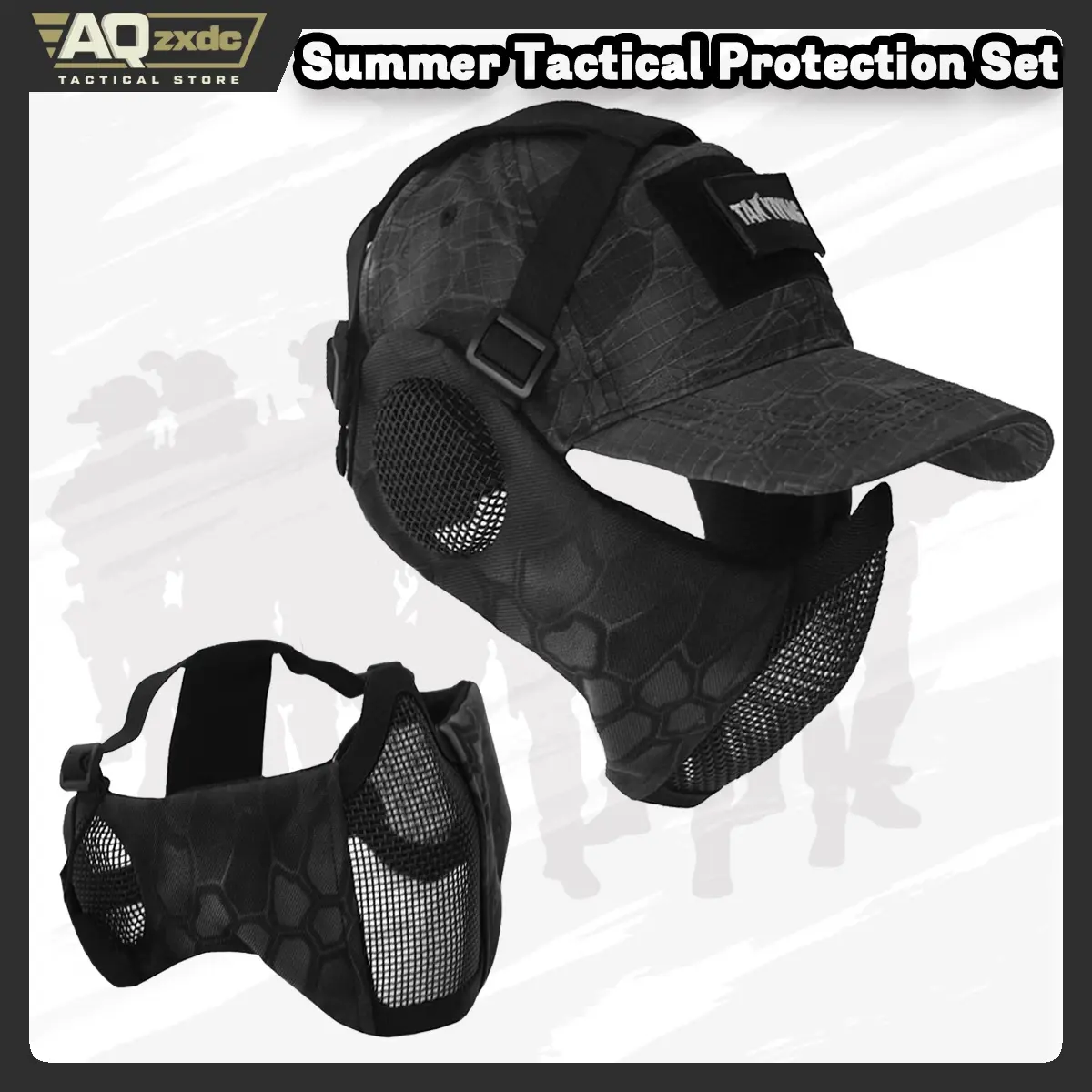 AQzxdc Tactical Foldable Mesh Mask with Ear Protection for Airsoft Paintball with Adjustable Baseball Cap Military Equipment Accesories