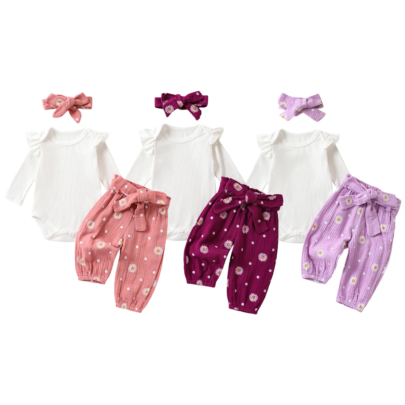 Newborn Infant Girl Clothes Rib Knit Romper Daisy Print Pants Headband Baby Clothes for Girls 0 3 6 12 18 24 Months