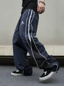 Manfinity Campus Court Men's Casual Color Block Patchwork Drawstring Straight Pants, Going Out Long Colorblock Blue Straight Leg Sweatpants, For Fall