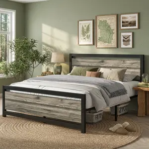 Twin/Full/Queen Metal Platform Bed Frame with Rustic Wooden Headboard and Footboard, 10.5 Inch Under Bed Storage, All-Metal Reinforced Structure, Quiet Noise Free, Easy Setup, Ideal for Home Guest Room