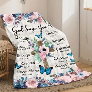 1pc Inspirational Floral Cross Print Blanket - Soft Flannel, All-Season Comfort, Machine Washable, Ideal for Travel, Sofa, Decor - Perfect Birthday Gift-280GSM