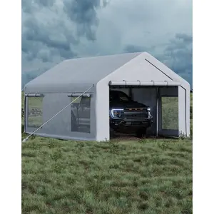 GAOMON 12x20 ft Portable Garage, Car Port with 200 g PE Tarp Canopy, with 2 Roll-Up Doors and 4 Windows, for Temporary Paint Booth, Boats&Pickups Shed, and Event Shelter, White