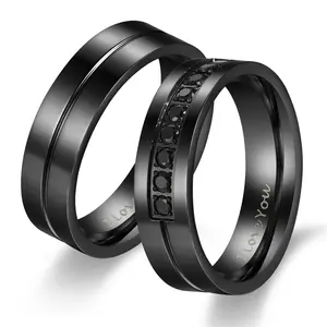 OIDEA Unit Set Rings - "I Love You" Black CZ Grooved Stainless Steel Promise Bands for Couples (Him and Her)