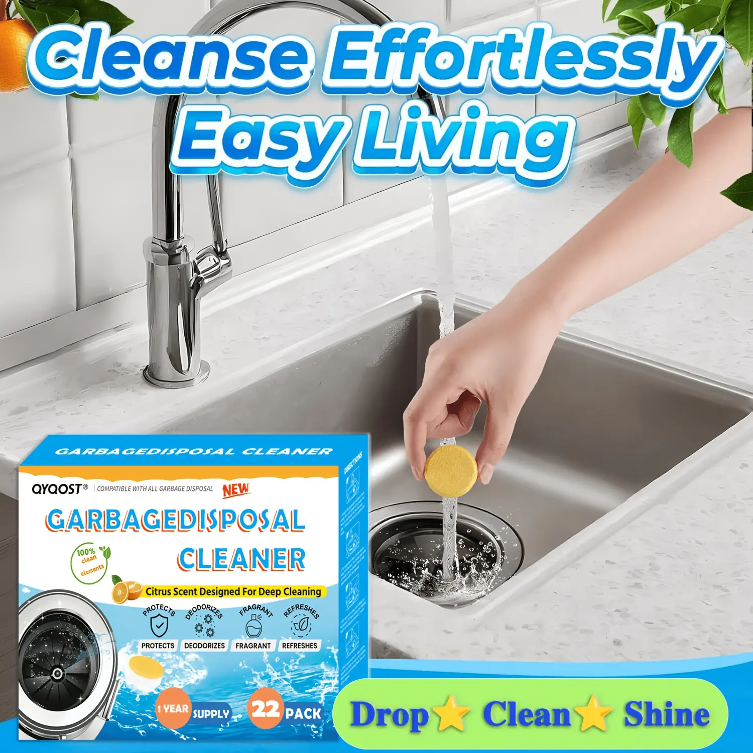 Garbage Disposal Cleaner Tablets, Citrus Sink Drain Deodorizer & Deep Cleaning Pods for Kitchen Sink Disposal System