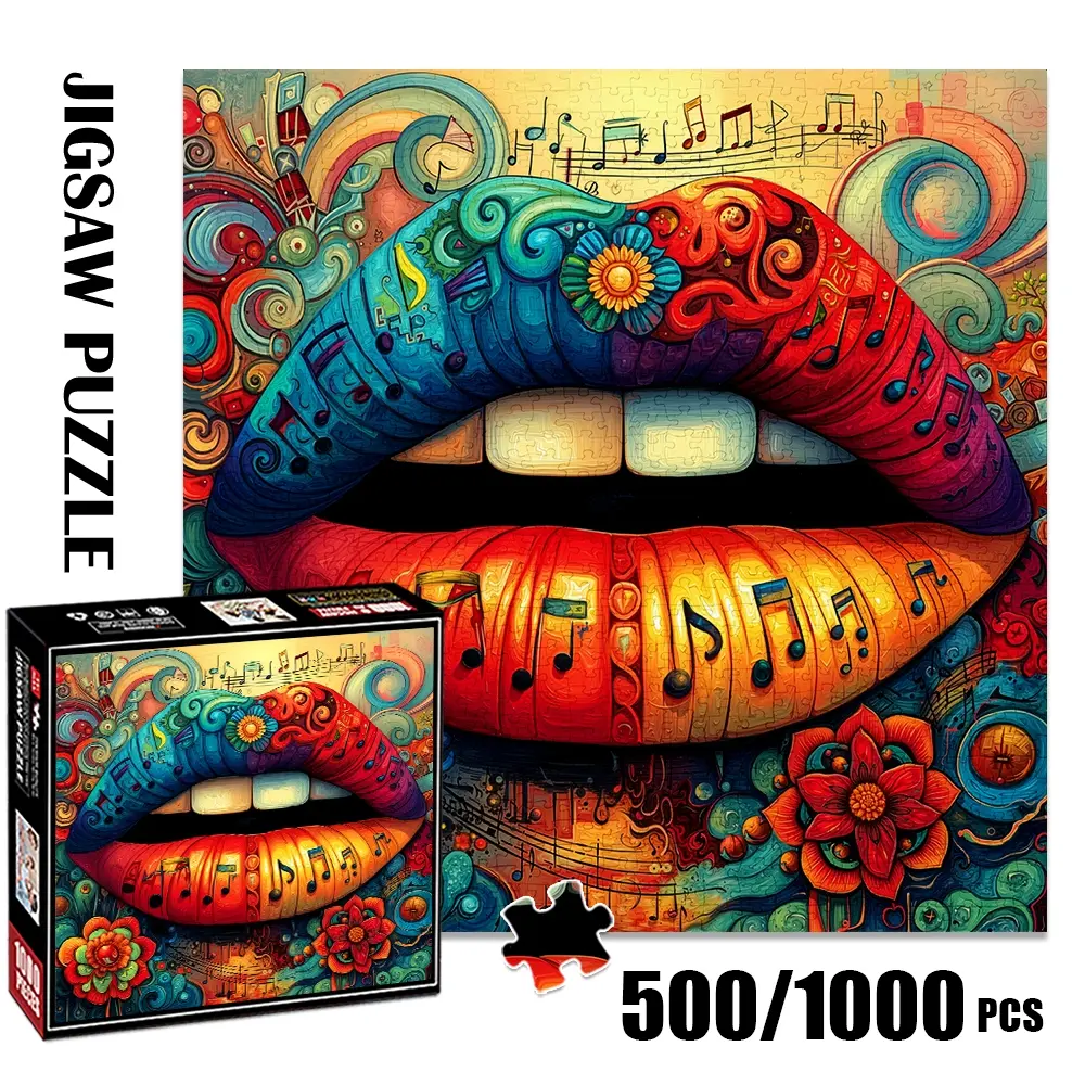 1pc 1000 piece adult puzzle 58x58cm Colorful Lips with Musical Notes and Flowers500 pieces paper jigsaw puzzle suitable for DIY creative games for adults and families, birthday and holiday stress rel Art Puzzles Gift