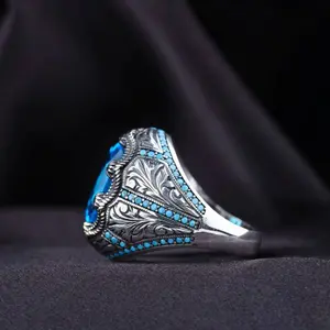 Vintage-Style Men's Silver-Toned Stainless Steel Ring With Synthetic Gemstone, Perfect For Everyday Wear Or Engagement