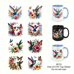 8pcs Hummingbird And Floral Theme Design, UV DTF Heat Transfer Stickers, Cartoon Patterns, Scratch-Resistant 3D Vinyl Film Stickers, Suitable for Glasses, Mugs, Refrigerators - High Quality, Cup Decoration, Home Decoration Stickers, Floral Design