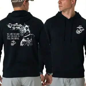 🏆U.S. Marine Corps Sniper T-Shirt & Hoodie Bold Soldier with Rifle Graphic and Kill the Devil Quote 2 Sides Soft Cotton Blend Tactical Military Pride Unisex Fit Casual
