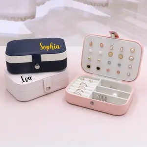 POSHIECA Personalized Jewelry Boxes For Women with name - PU Leather Travel Jewellery Box - Jewels Storage Box For Earring, Ring, Necklace - Bridesmaid Gifts For Girls PU Leather Jewelry Case (Blue With Name)