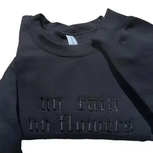 Embroidered "No rain No flowers" trendy and minimalist monochromatic crewneck Long Sleeve Cotton Hoodie Sweatshirt