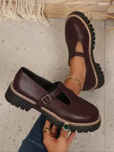 Women's Vintage Mary Jane Formal Shoes, Thick Sole Loafers, Lightweight Simple School Shoes, Chunky Heel Design, Closed Toe T-Strap Flats