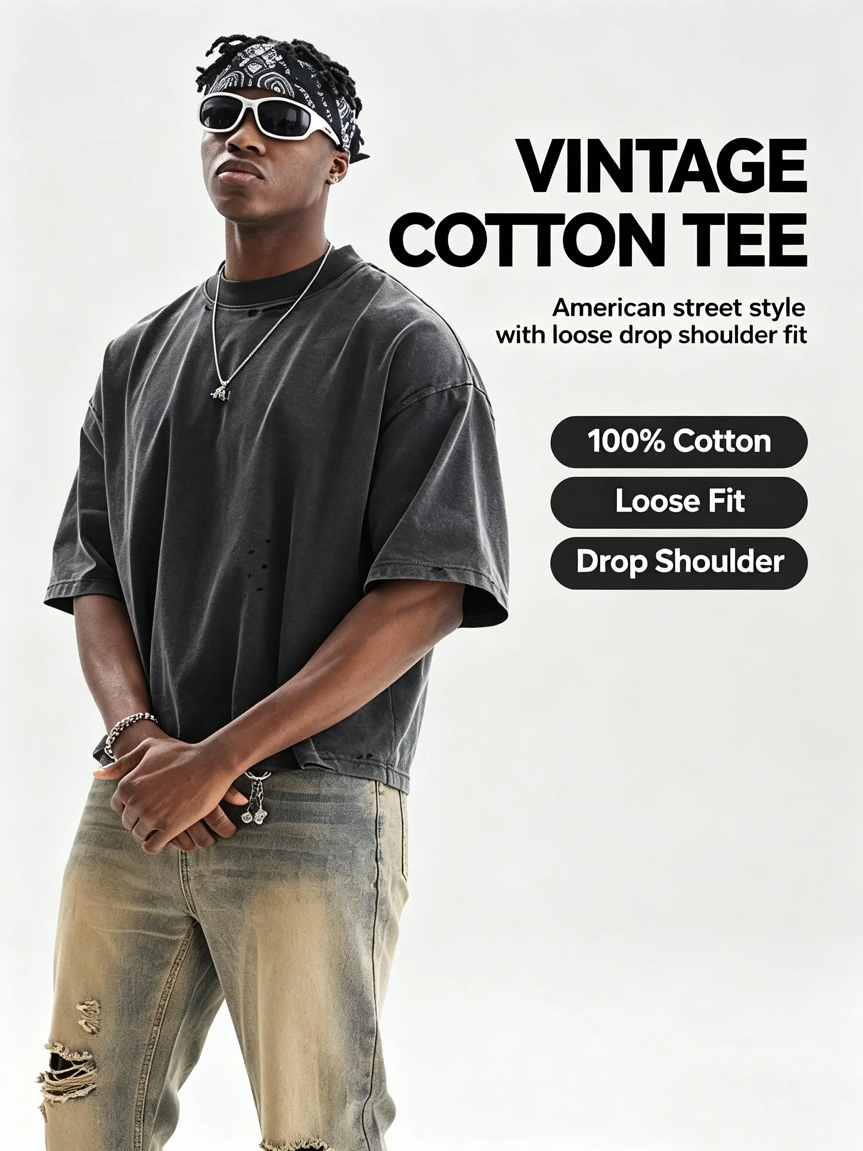 Men's Classic Vintage Washed Cotton Baggy T-Shirt - Stylish Soft Plain Distressed Crewneck, Oversized Drop-Shoulder Sleeve, Matching for Streetwear, Khaki Outfits Short Tee