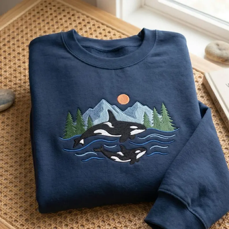 Orca Embroidered Style Sweatshirt, Whale Nature Crewneck, Ocean Wildlife Pullover, Mountain Landscape Sweatshirt, Unisex Cozy Gift