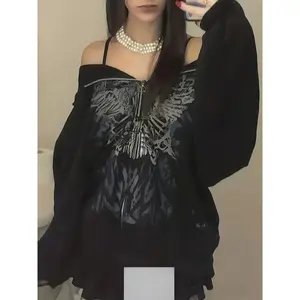 CHEN Y2K Graphic Print Hoodie, Casual Zip Up Long Sleeve Hooded Jacket For Fall & Winter, Women's Clothing Hit Tops Collar Fabric Womenswear