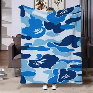 Bape Classic Blue Camo Flannel Blanket, Soft Printed Throw for Home Office, Multi-Purpose Air Conditioning Blanket, Casual Use, Soft Lightweight Blanket