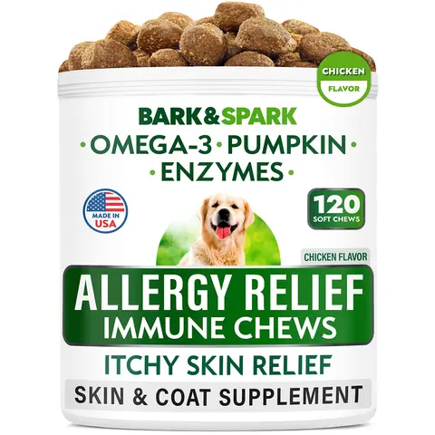 Bark & Spark Dog Allergy Chews - Ease Itching + Skin & Coat Health - Omega 3 Fish Oil - Immune Treats Calming