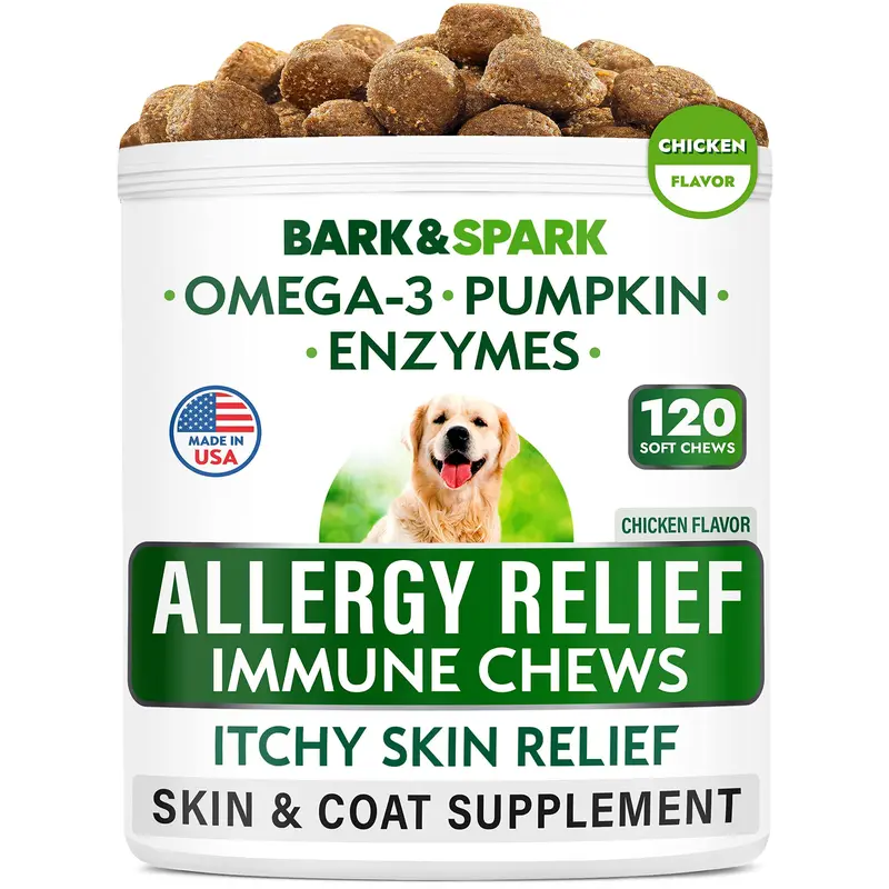 Bark & Spark Dog Allergy Chews - Ease Itching + Skin & Coat Health - Omega 3 Fish Oil - Immune Treats Calming