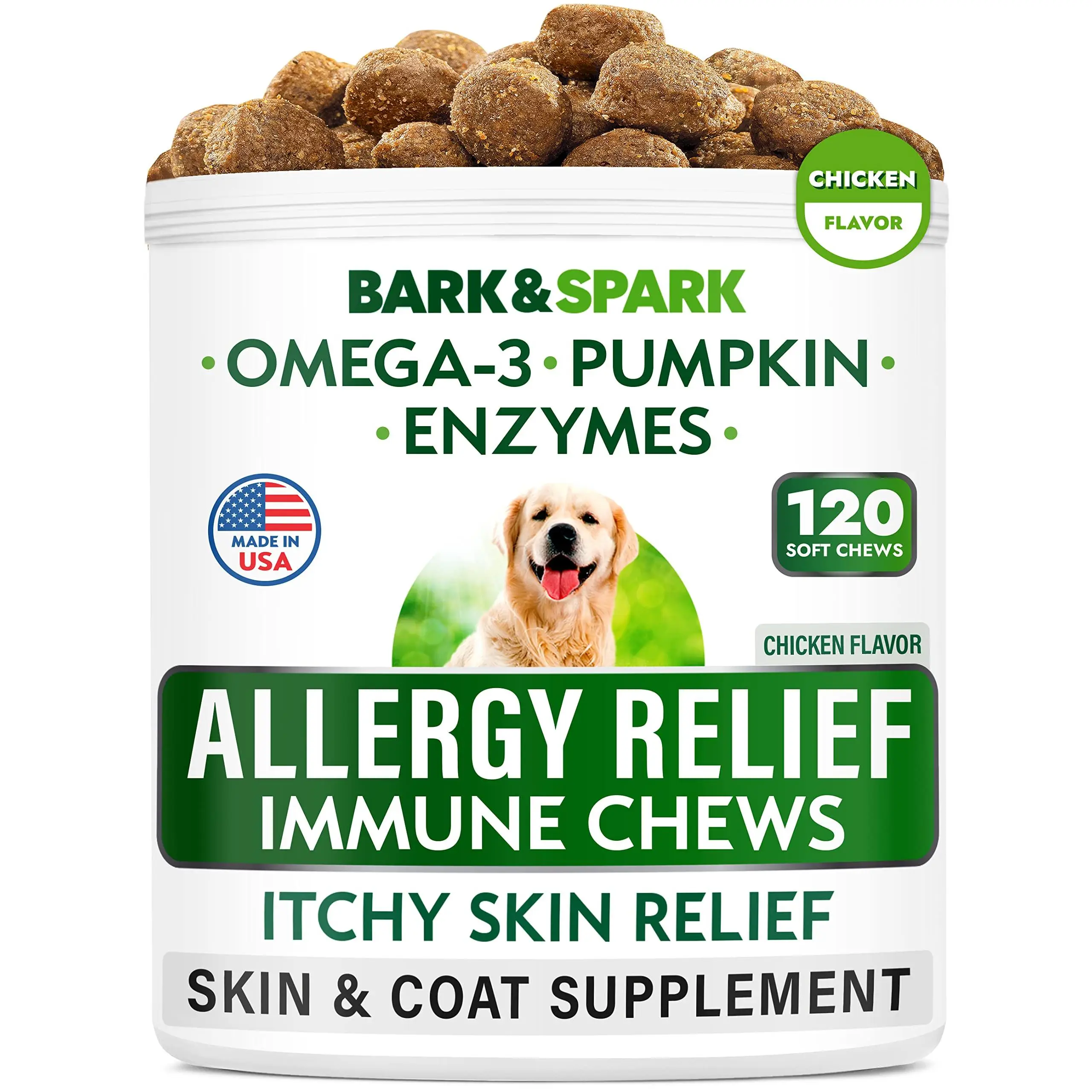 Bark & Spark Dog Allergy Chews - Ease Itching + Skin & Coat Health - Omega 3 Fish Oil - Immune Treats Calming