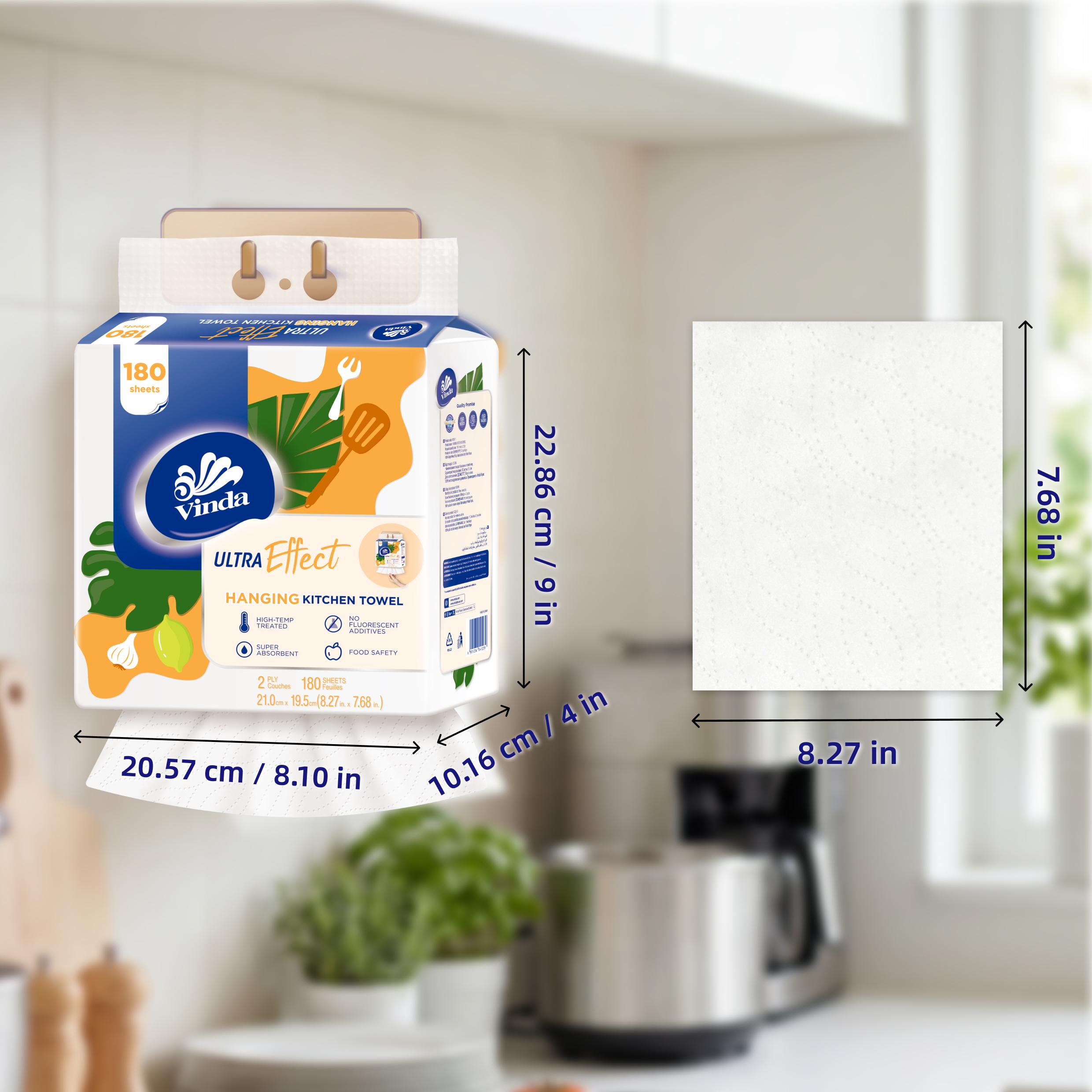 Vinda Hanging Kitchen Paper Towels with free hook -Quick Grab, Fully Protected, Saves Space| Ultra Water& Heavy Oil Absorbent Wipes, Washable & Extra Strong When Wet  2-Ply, 180Sheets/bag,  100% Virgin Pulp, Food Safe - TikTok Must-Have for Kitchens