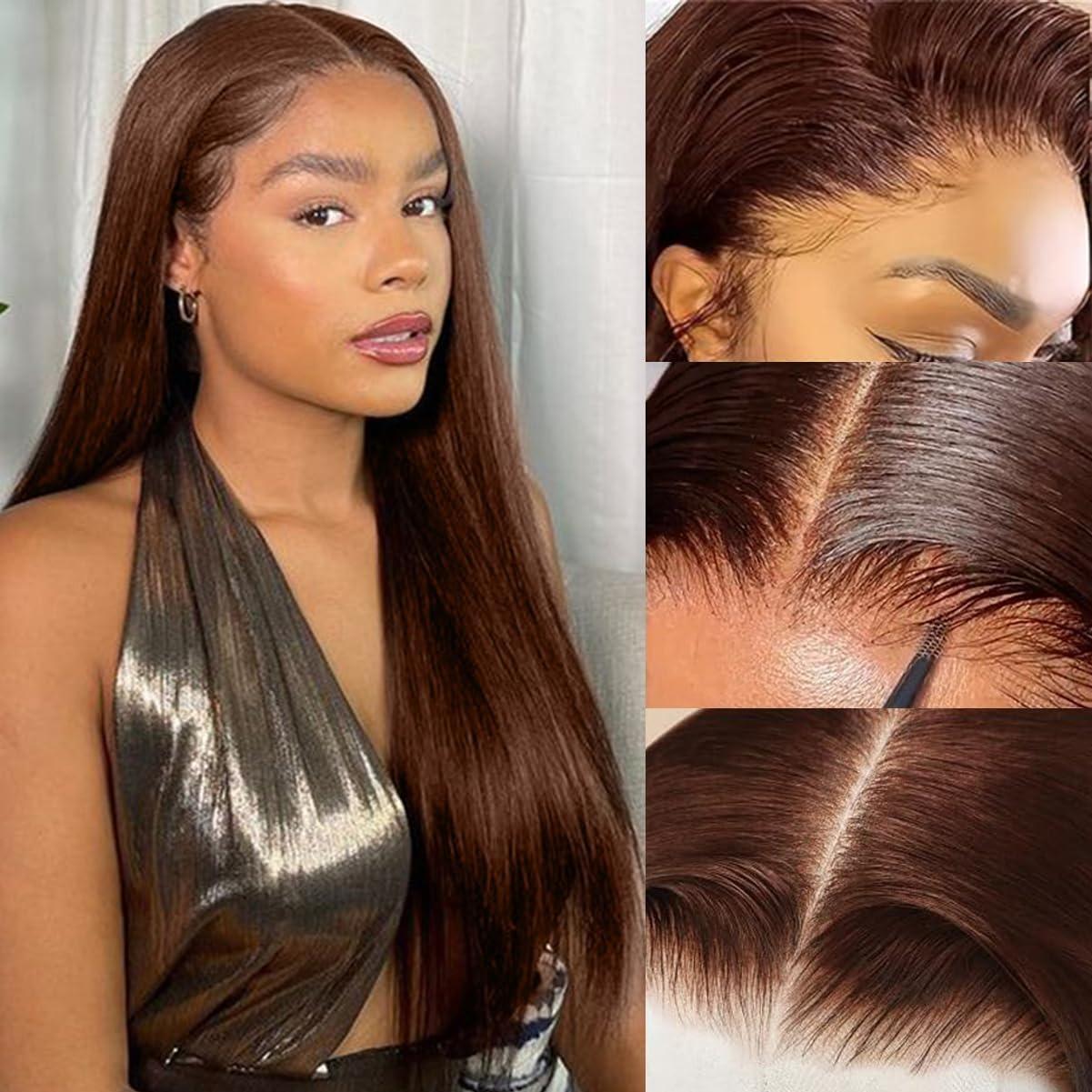 Ginger Brown Straight Human Hair Wig Pre Plucked 13x6 Hd Lace Frontal Wigs For Women 180% Colored Chocolate Brown Body Wave Wig