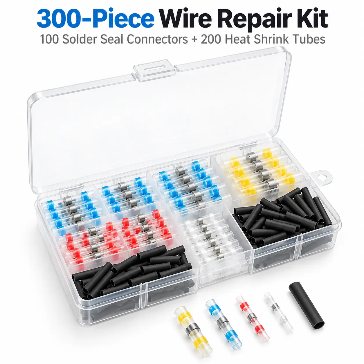 300PCS Bulk Pack Solder Seal Wire Connectors - Quick Splice, Waterproof Seal, Vibration Resistant Heat-Shrink Tube Butt Terminals with Self-Solder, Adhesives, Abrasion Resistance for Marine, Automotive Use
