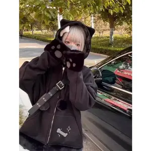 2025 Vintage Loose Zipper Sweatshirts Women Casual Streetwear Grunge Thick Coats Y2k Aesthetic Cat's Ears Drawstring Hoodies
