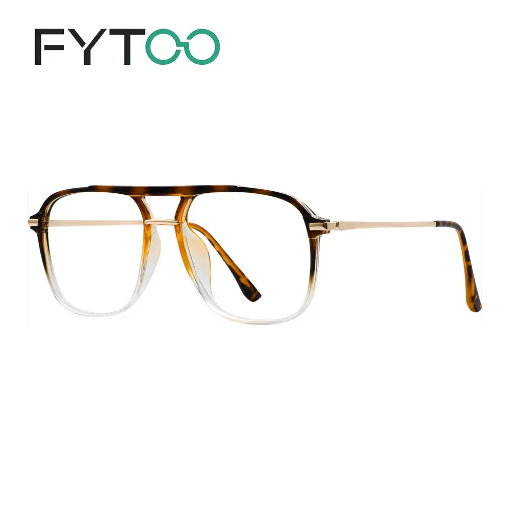 FYTOO Unisex Full Rim Gradient Tortoiseshell Double Bridge Acetate Aviator Glasses - Retro Polycarbonate Replaceable Metal Frame Eyewear