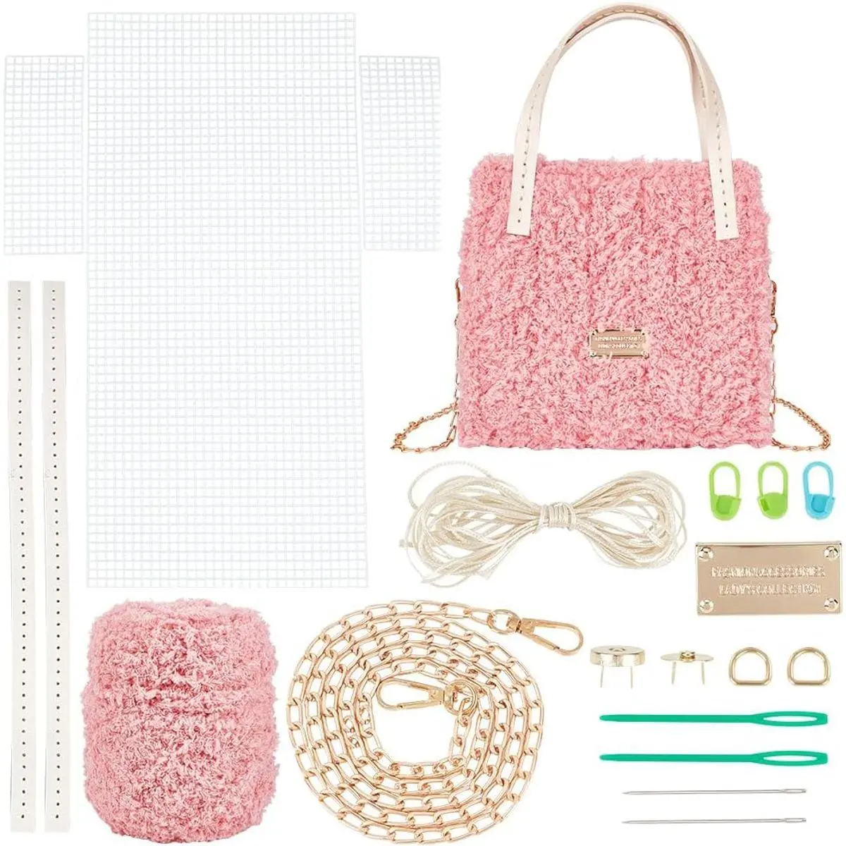 DIY Knitting Crochet Bag Making Kit, Handmade Woven Tote Bag Making Materials Set Women Shoulder Bag Making Accessories Hand Crafting Yarn Weaving Kit Birthday Christmas Gift, Pink