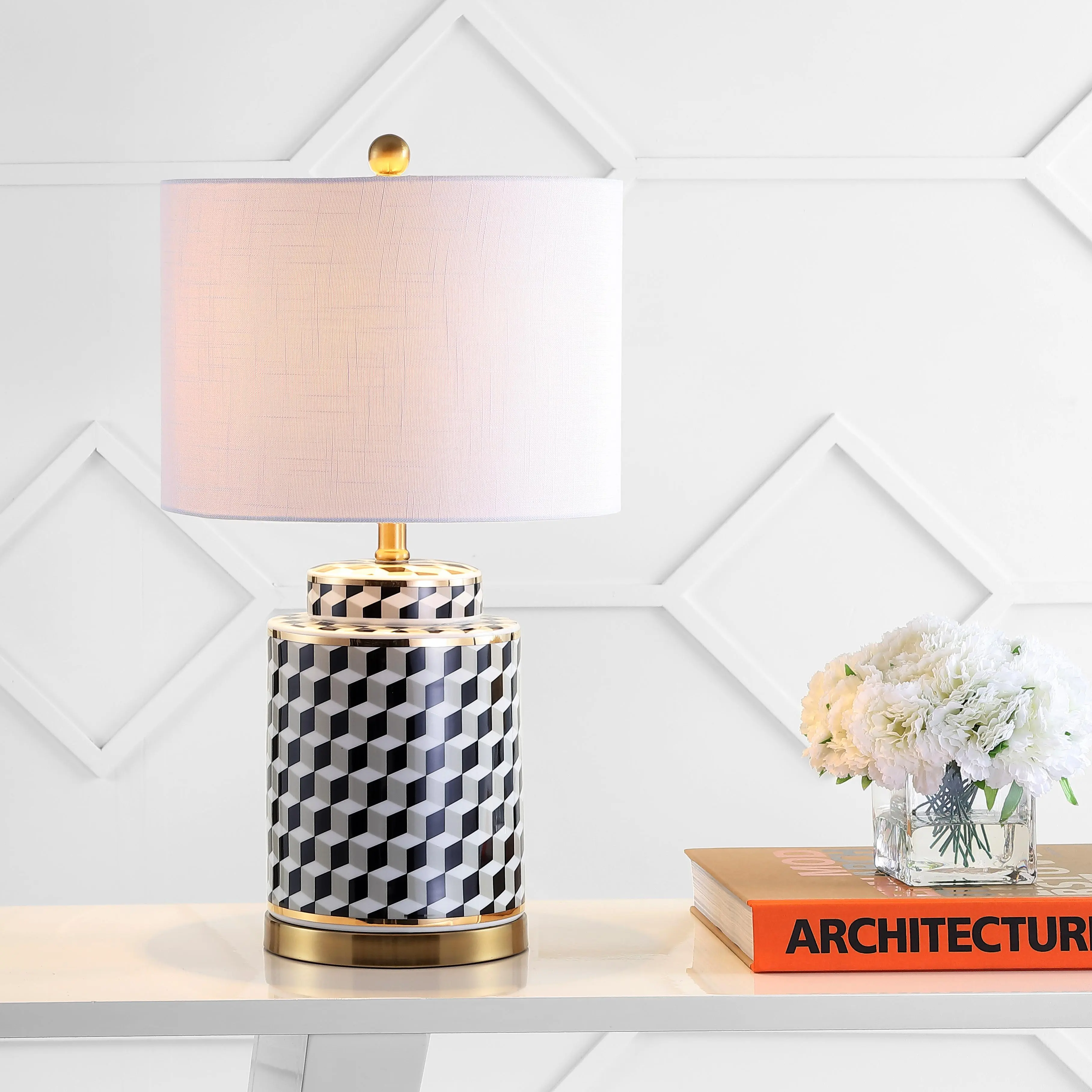 JONATHAN Y Ellie 24.5" Tumbling Block Ceramic Metal Lamp, Black/White | Modern Transitional Ginger Jar, Linen Shade, Brass Gold Finish, LED Bulb Included
