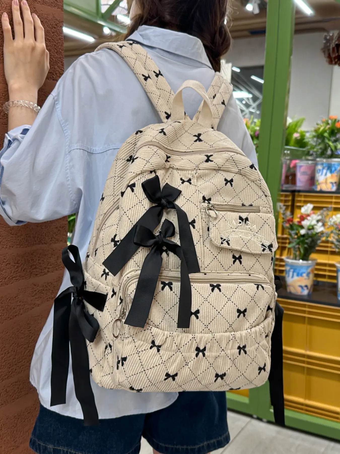 New Corduroy Cute Girl Style Fashion Versatile Casual School Bow Backpack, Women's College Bag, High School Student Shoulder Bag, Quilted Bag, Backpacks For School