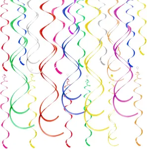 Colorful Ceiling Swirl Foil Decorations - Pack of 28 Hanging Plastic Streamers for Wedding, Thanksgiving Day, Graduation Celebration Ornaments