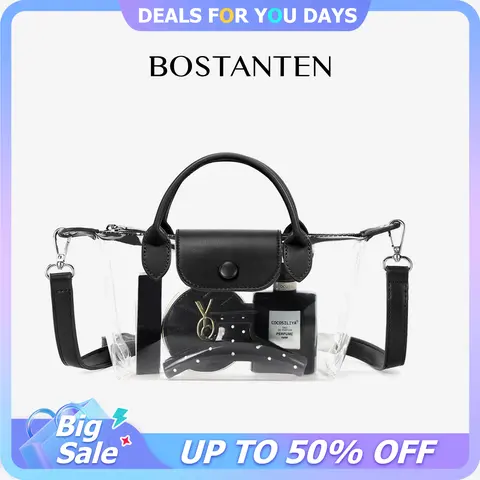 BOSTANTEN Elegant Women's Leather Transparent Adjustable Crossbody Bag - Stadium Approved, Zippered Casual Purse with Fast Lineup Access for Concerts, Sports Events Luggage Accessory, Adjustable Crossbody Purses,sohochic