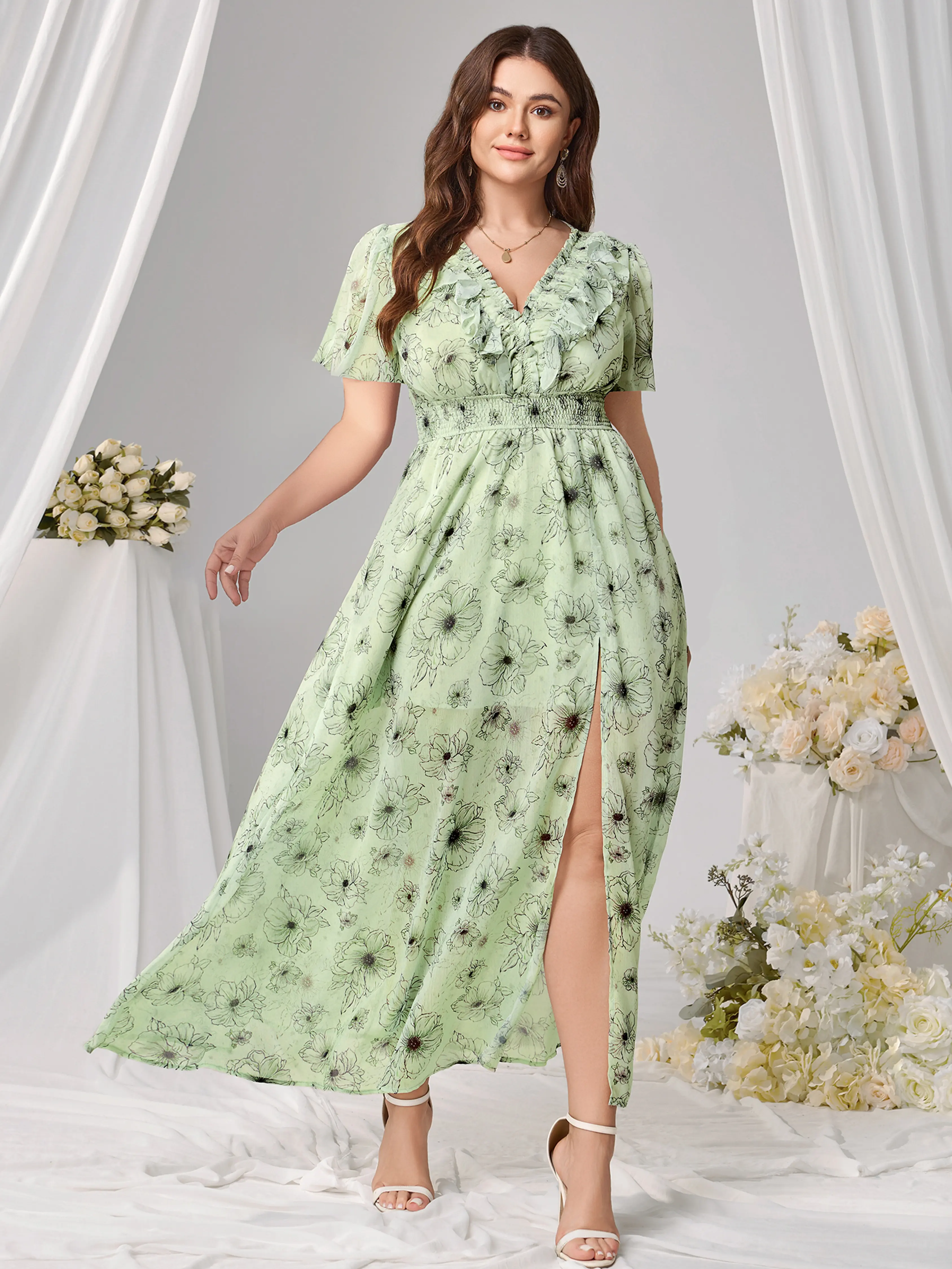 green floral plus size dress Plus Size Green Floral Dress 2XL main image 1
